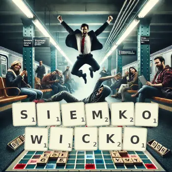 Kreatywna ilustracja do gry w Scrabble ze słowem SIEMKOWICKO ułożonym z płytek na planszy.