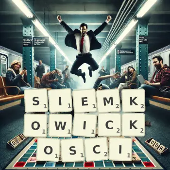 Kreatywna ilustracja do gry w Scrabble ze słowem SIEMKOWICKOSCI ułożonym z płytek na planszy.