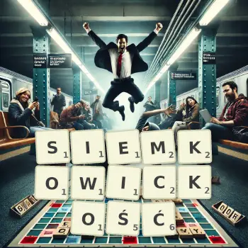 Kreatywna ilustracja do gry w Scrabble ze słowem SIEMKOWICKOŚĆ ułożonym z płytek na planszy.