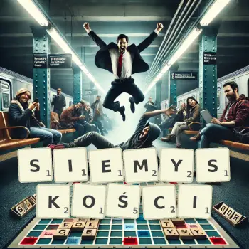 Kreatywna ilustracja do gry w Scrabble ze słowem SIEMYSKOŚCI ułożonym z płytek na planszy.