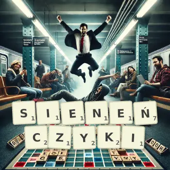 Kreatywna ilustracja do gry w Scrabble ze słowem SIENEŃCZYKI ułożonym z płytek na planszy.