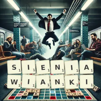 Kreatywna ilustracja do gry w Scrabble ze słowem SIENIAWIANKI ułożonym z płytek na planszy.