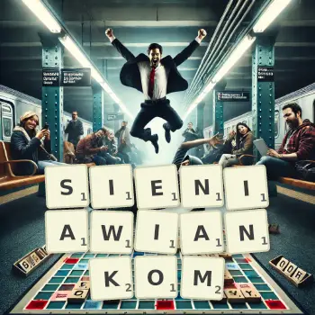 Kreatywna ilustracja do gry w Scrabble ze słowem SIENIAWIANKOM ułożonym z płytek na planszy.