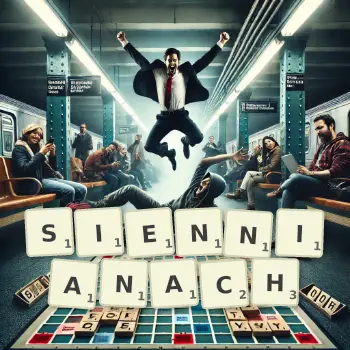 Kreatywna ilustracja do gry w Scrabble ze słowem SIENNIANACH ułożonym z płytek na planszy.