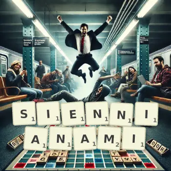 Kreatywna ilustracja do gry w Scrabble ze słowem SIENNIANAMI ułożonym z płytek na planszy.