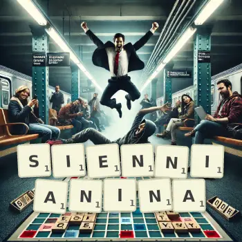 Kreatywna ilustracja do gry w Scrabble ze słowem SIENNIANINA ułożonym z płytek na planszy.
