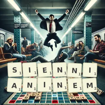 Kreatywna ilustracja do gry w Scrabble ze słowem SIENNIANINEM ułożonym z płytek na planszy.