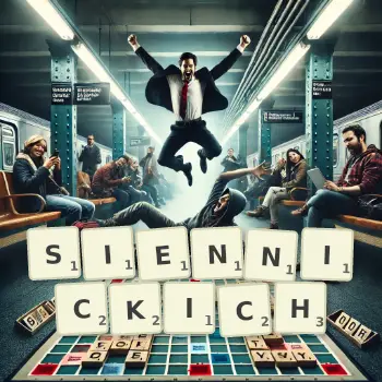 Kreatywna ilustracja do gry w Scrabble ze słowem SIENNICKICH ułożonym z płytek na planszy.