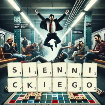 Kreatywna ilustracja do gry w Scrabble ze słowem SIENNICKIEGO ułożonym z płytek na planszy.