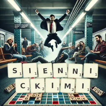 Kreatywna ilustracja do gry w Scrabble ze słowem SIENNICKIMI ułożonym z płytek na planszy.