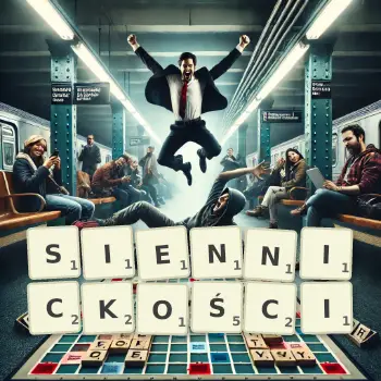 Kreatywna ilustracja do gry w Scrabble ze słowem SIENNICKOŚCI ułożonym z płytek na planszy.