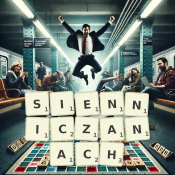 Kreatywna ilustracja do gry w Scrabble ze słowem SIENNICZANACH ułożonym z płytek na planszy.