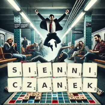 Kreatywna ilustracja do gry w Scrabble ze słowem SIENNICZANEK ułożonym z płytek na planszy.