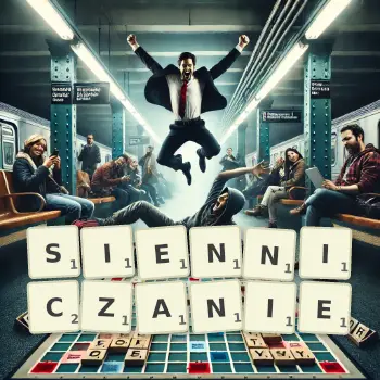 Kreatywna ilustracja do gry w Scrabble ze słowem SIENNICZANIE ułożonym z płytek na planszy.
