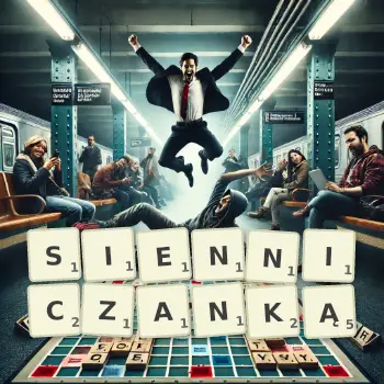 Kreatywna ilustracja do gry w Scrabble ze słowem SIENNICZANKĄ ułożonym z płytek na planszy.
