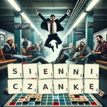 Kreatywna ilustracja do gry w Scrabble ze słowem SIENNICZANKĘ ułożonym z płytek na planszy.