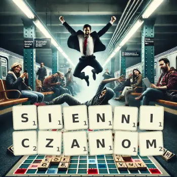 Kreatywna ilustracja do gry w Scrabble ze słowem SIENNICZANOM ułożonym z płytek na planszy.