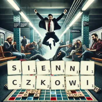 Kreatywna ilustracja do gry w Scrabble ze słowem SIENNICZKOWI ułożonym z płytek na planszy.