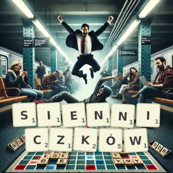 Kreatywna ilustracja do gry w Scrabble ze słowem SIENNICZKÓW ułożonym z płytek na planszy.