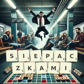 Kreatywna ilustracja do gry w Scrabble ze słowem SIEPACZKAMI ułożonym z płytek na planszy.