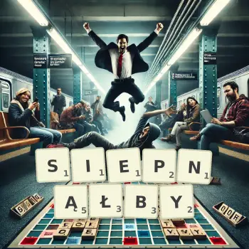 Kreatywna ilustracja do gry w Scrabble ze słowem SIEPNĄŁBY ułożonym z płytek na planszy.