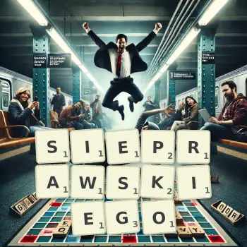 Kreatywna ilustracja do gry w Scrabble ze słowem SIEPRAWSKIEGO ułożonym z płytek na planszy.