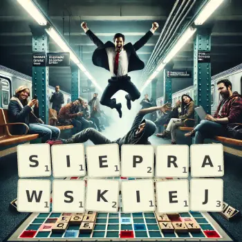 Kreatywna ilustracja do gry w Scrabble ze słowem SIEPRAWSKIEJ ułożonym z płytek na planszy.