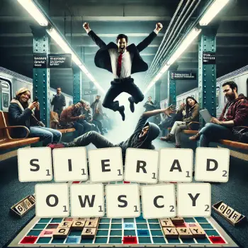 Kreatywna ilustracja do gry w Scrabble ze słowem SIERADOWSCY ułożonym z płytek na planszy.