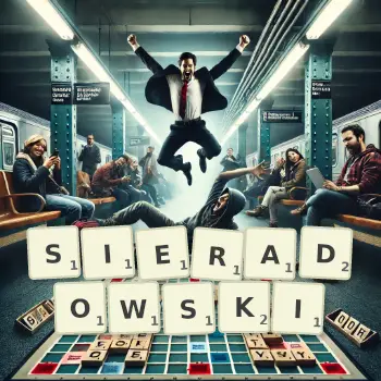 Kreatywna ilustracja do gry w Scrabble ze słowem SIERADOWSKI ułożonym z płytek na planszy.