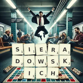 Kreatywna ilustracja do gry w Scrabble ze słowem SIERADOWSKICH ułożonym z płytek na planszy.