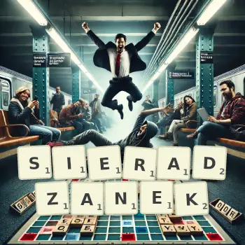 Kreatywna ilustracja do gry w Scrabble ze słowem SIERADZANEK ułożonym z płytek na planszy.