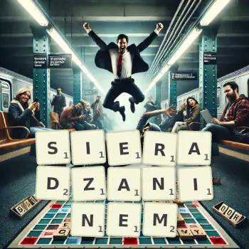 Kreatywna ilustracja do gry w Scrabble ze słowem SIERADZANINEM ułożonym z płytek na planszy.