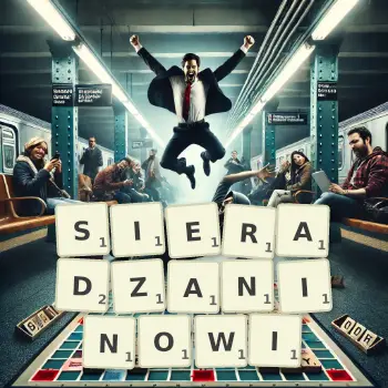 Kreatywna ilustracja do gry w Scrabble ze słowem SIERADZANINOWI ułożonym z płytek na planszy.