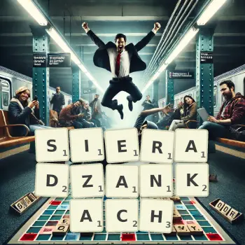 Kreatywna ilustracja do gry w Scrabble ze słowem SIERADZANKACH ułożonym z płytek na planszy.