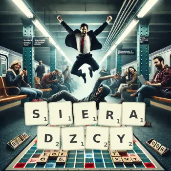 Kreatywna ilustracja do gry w Scrabble ze słowem SIERADZCY ułożonym z płytek na planszy.