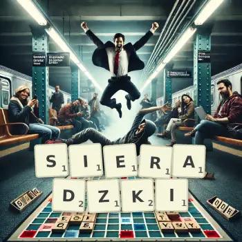 Kreatywna ilustracja do gry w Scrabble ze słowem SIERADZKI ułożonym z płytek na planszy.