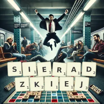 Kreatywna ilustracja do gry w Scrabble ze słowem SIERADZKIEJ ułożonym z płytek na planszy.
