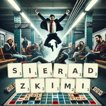 Kreatywna ilustracja do gry w Scrabble ze słowem SIERADZKIMI ułożonym z płytek na planszy.