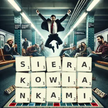 Kreatywna ilustracja do gry w Scrabble ze słowem SIERAKOWIANKAMI ułożonym z płytek na planszy.