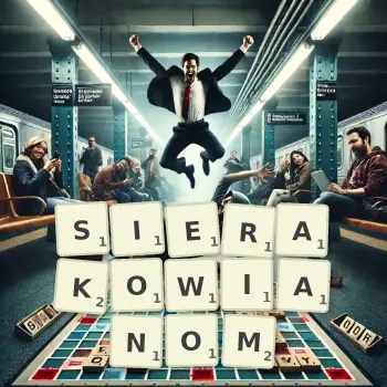 Kreatywna ilustracja do gry w Scrabble ze słowem SIERAKOWIANOM ułożonym z płytek na planszy.