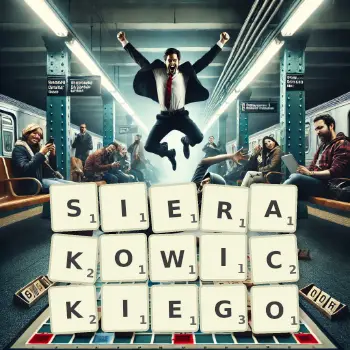 Kreatywna ilustracja do gry w Scrabble ze słowem SIERAKOWICKIEGO ułożonym z płytek na planszy.