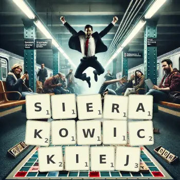 Kreatywna ilustracja do gry w Scrabble ze słowem SIERAKOWICKIEJ ułożonym z płytek na planszy.