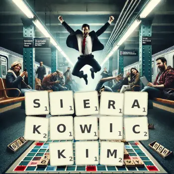 Kreatywna ilustracja do gry w Scrabble ze słowem SIERAKOWICKIM ułożonym z płytek na planszy.