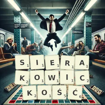 Kreatywna ilustracja do gry w Scrabble ze słowem SIERAKOWICKOŚĆ ułożonym z płytek na planszy.