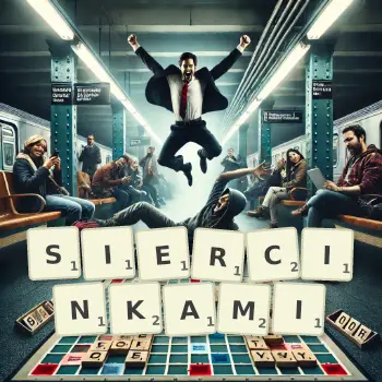 Kreatywna ilustracja do gry w Scrabble ze słowem SIERCINKAMI ułożonym z płytek na planszy.