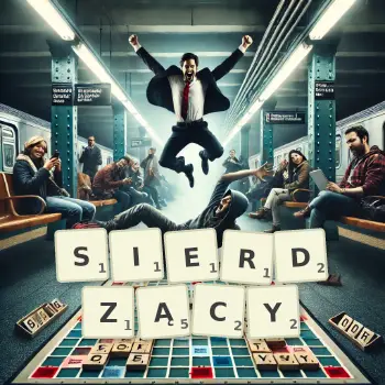 Kreatywna ilustracja do gry w Scrabble ze słowem SIERDZĄCY ułożonym z płytek na planszy.