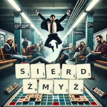 Kreatywna ilustracja do gry w Scrabble ze słowem SIERDŹMYŻ ułożonym z płytek na planszy.