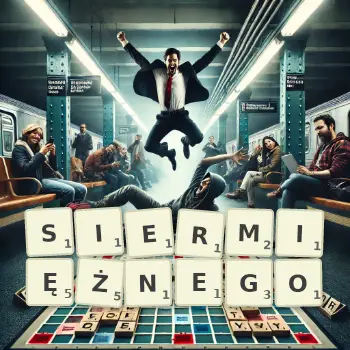 Kreatywna ilustracja do gry w Scrabble ze słowem SIERMIĘŻNEGO ułożonym z płytek na planszy.