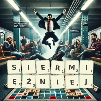 Kreatywna ilustracja do gry w Scrabble ze słowem SIERMIĘŻNIEJ ułożonym z płytek na planszy.