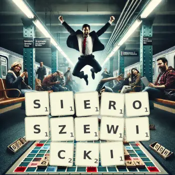 Kreatywna ilustracja do gry w Scrabble ze słowem SIEROSZEWICKI ułożonym z płytek na planszy.